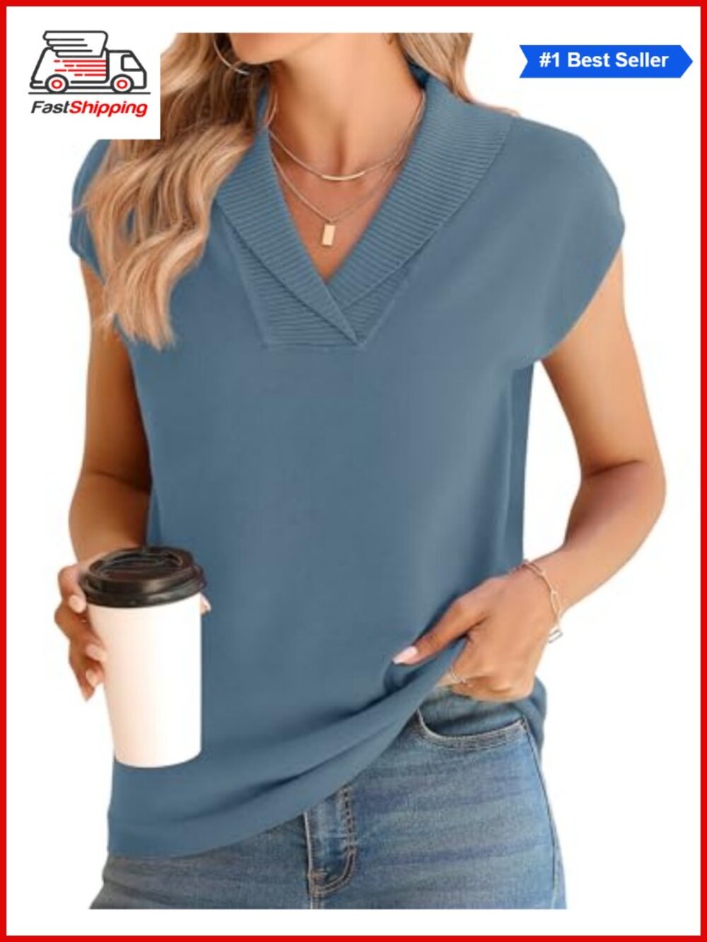 ✨ Knitted Sweater Vest V-Neck Cap Sleeve Pullover Top Dressy Casual Summer